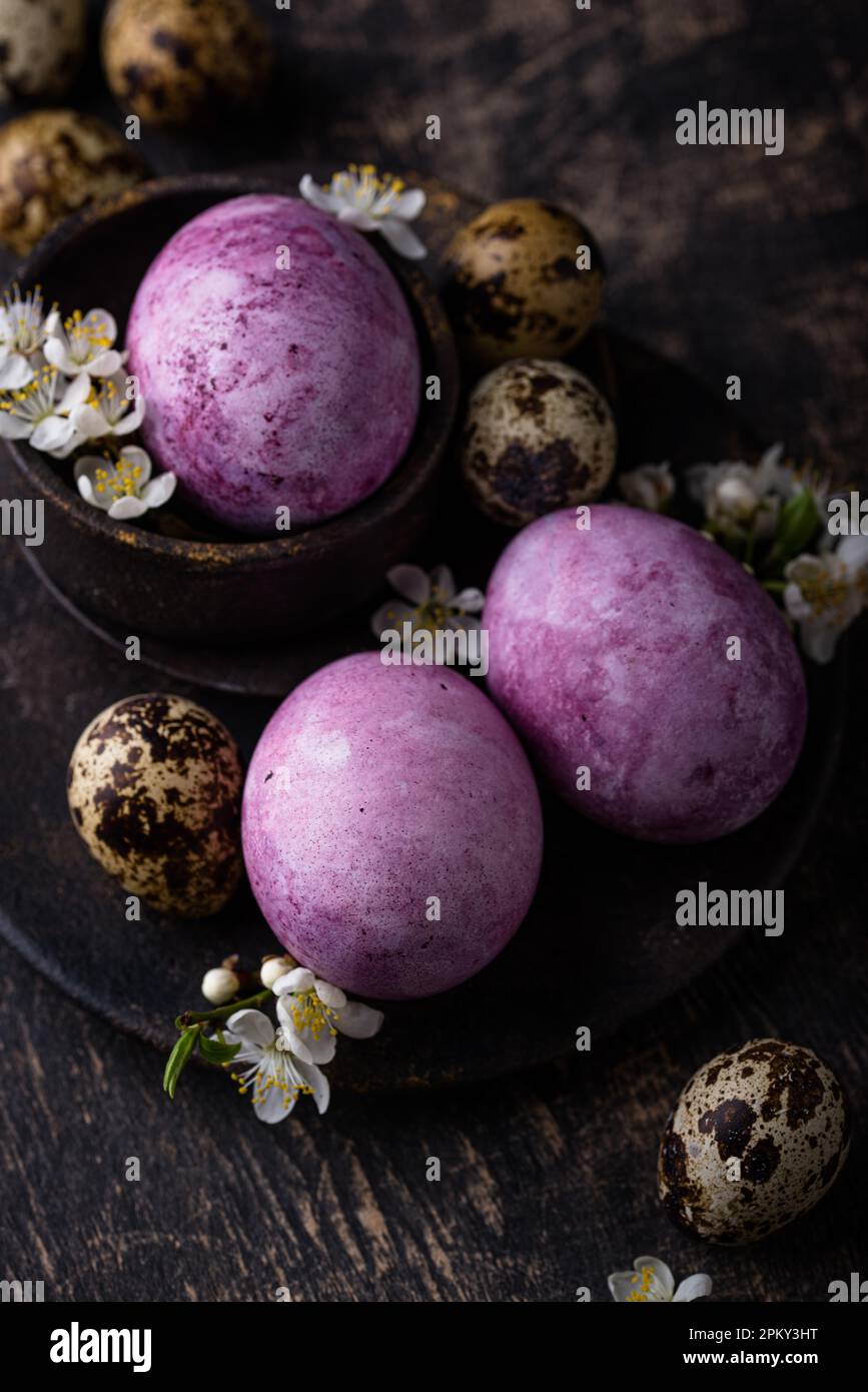 Easter eggs painted with natural dye Stock Photo