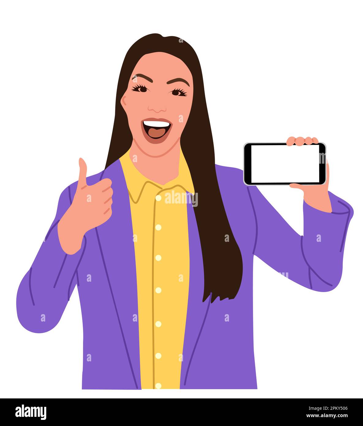Business woman showing mobile phone screen vector Stock Vector Image