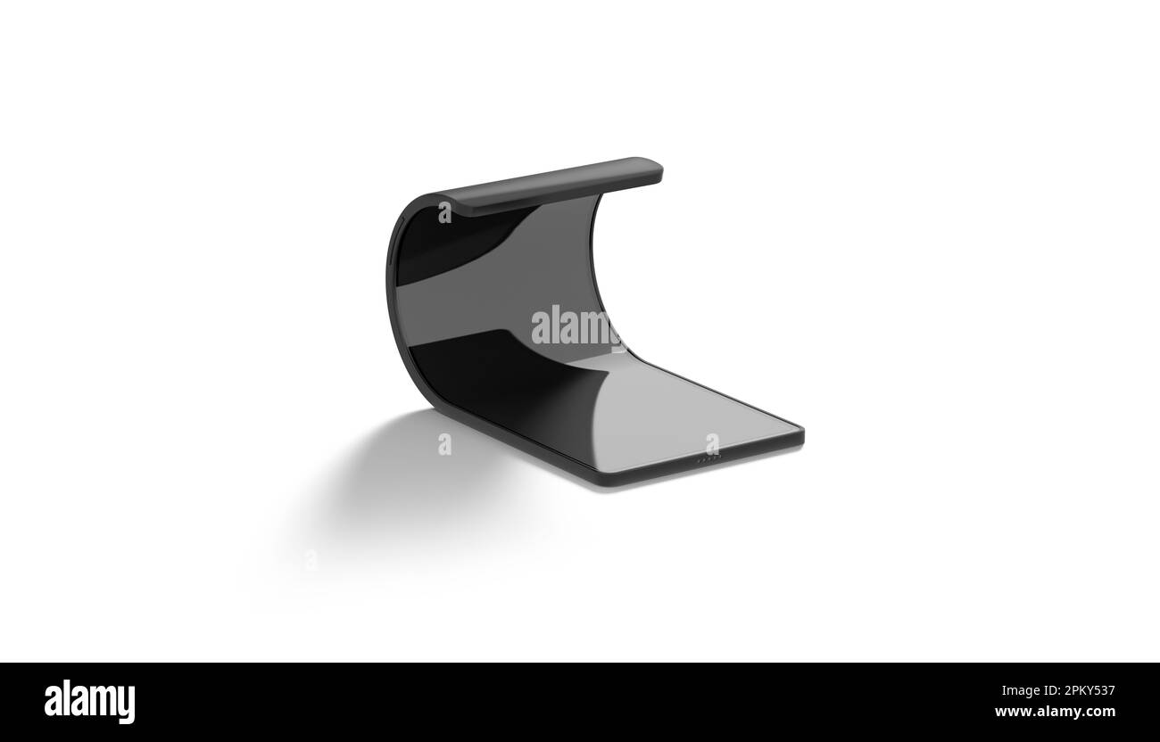 Blank black flip phone flexible twisted display mockup, isolated Stock