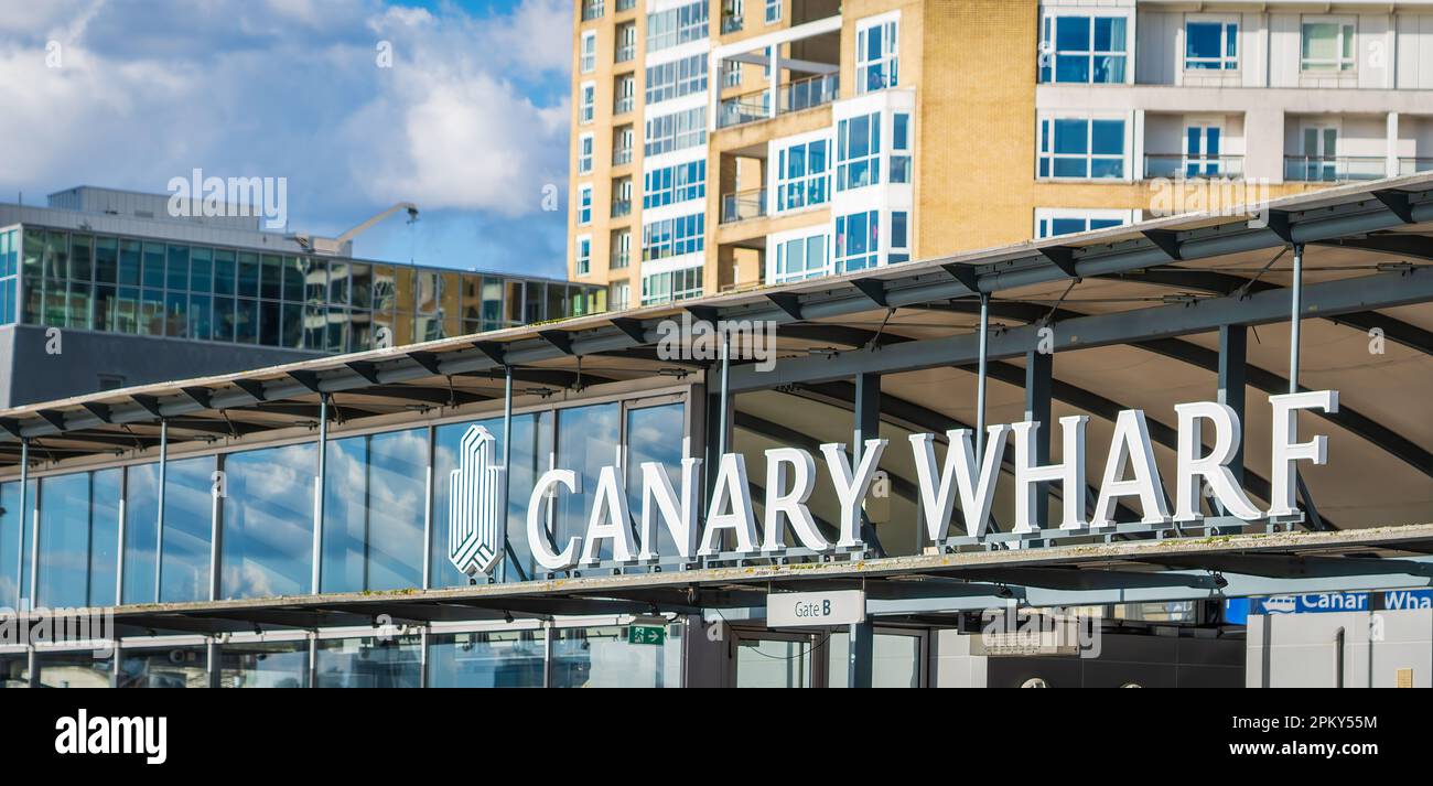 London, England - April 07 2023 : Close up of Canary Wharf sign on the ...