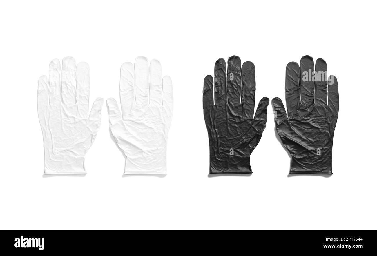 Blank black and white rubber gloves mockup lying, top view, 3d
