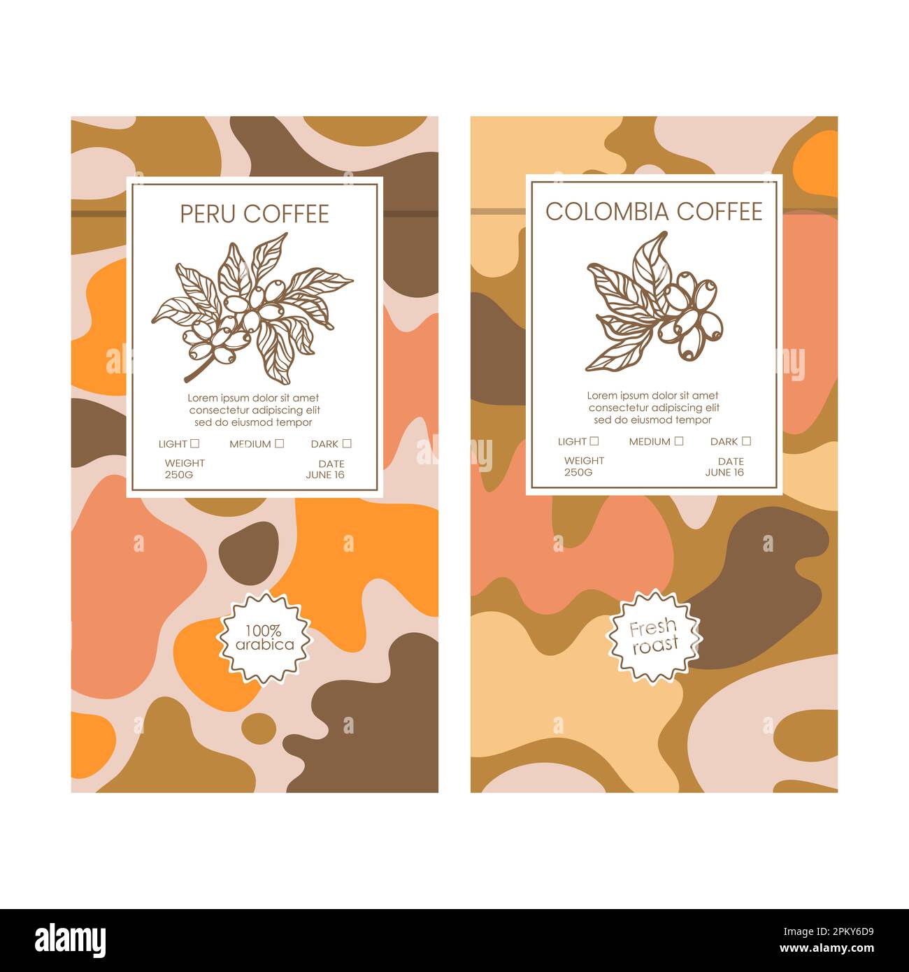 COFFEE PACK TAGS Abstract Simple Style Vintage Colorful Figures Doodle In Organic With Hand Drawn Coffee Beans Templates Packaging Design And Labels V Stock Vector