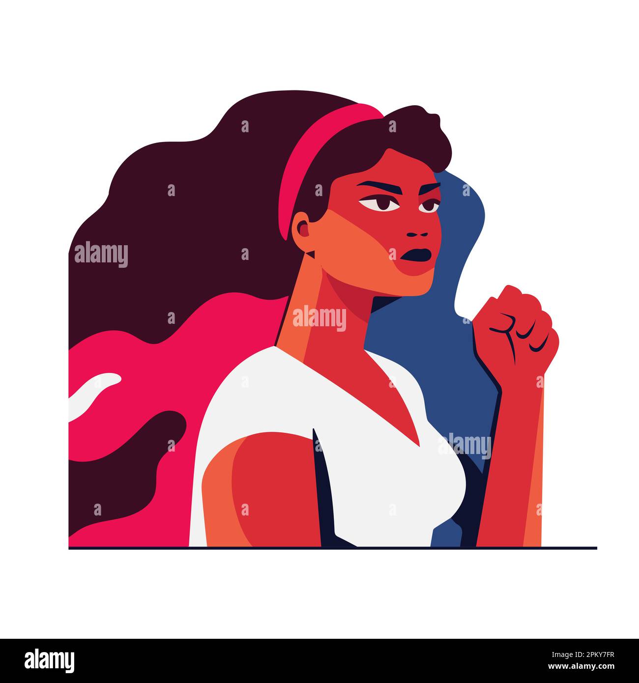 Young woman character with a raised fist. The concept of feminism and rights. Feminism power concept. Poster or banner for website. Stock Vector
