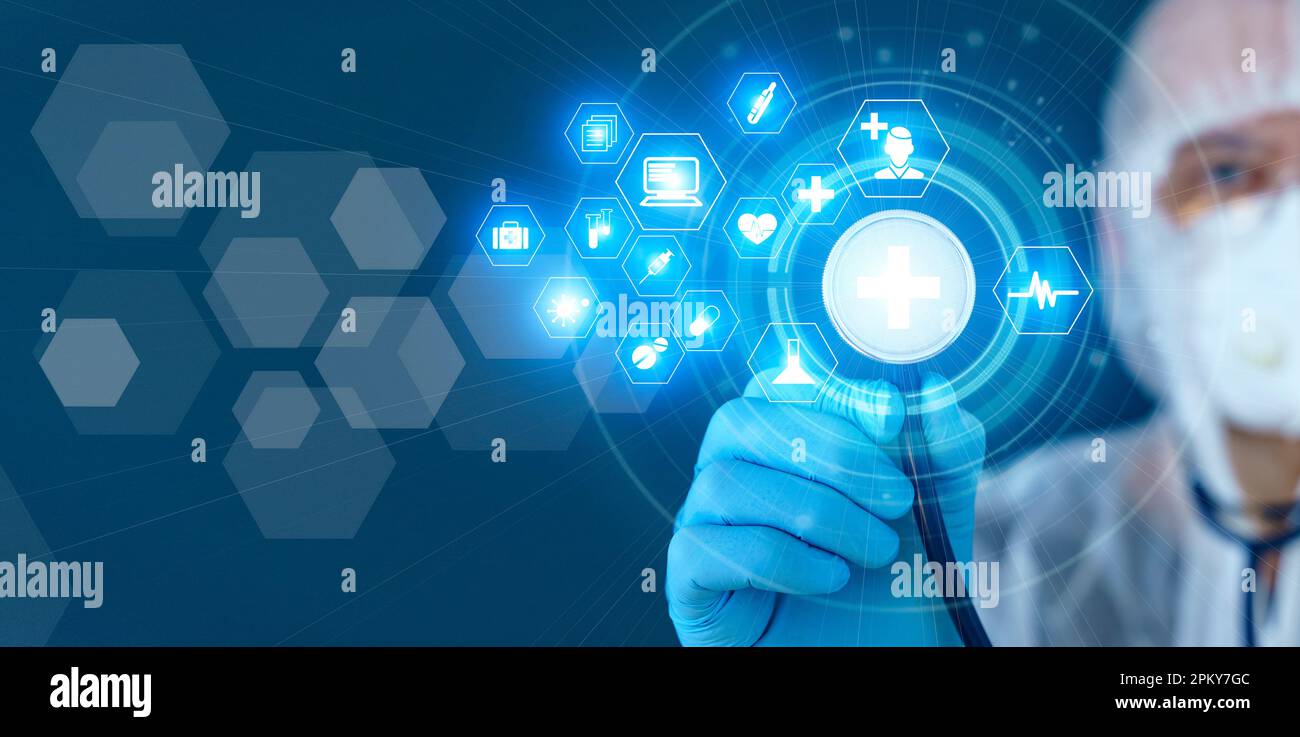 Medical technology in clinic or hospital. Treatment and use of computer