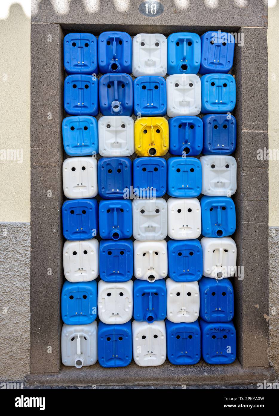 Quirky art instalation using old plastic contaners, Cámara de Lobos Stock Photo