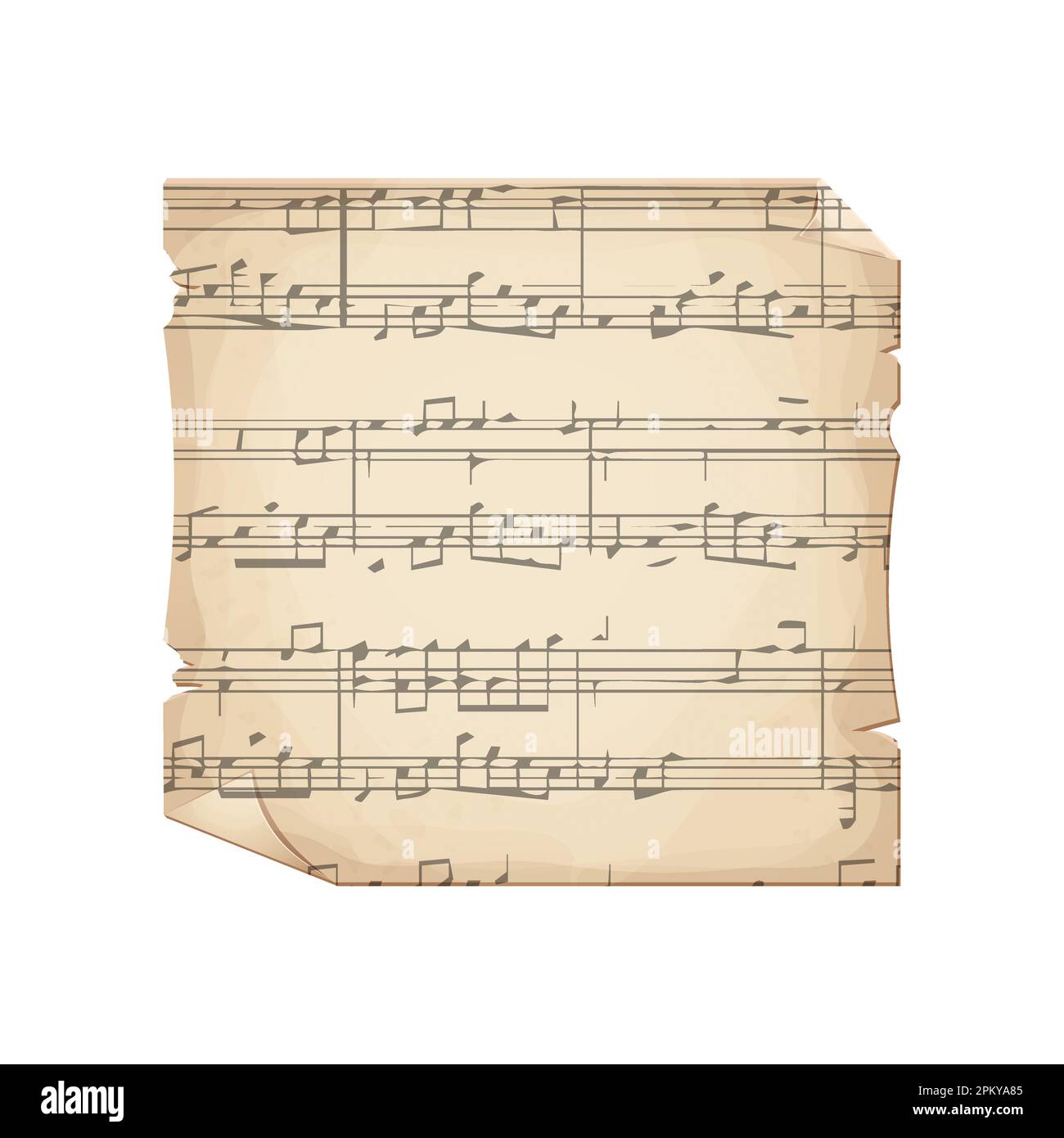 Parchment piece of paper with old music melody, song scrapbook sheet isolated on white background, design element, frame. Vector illustration Stock Vector