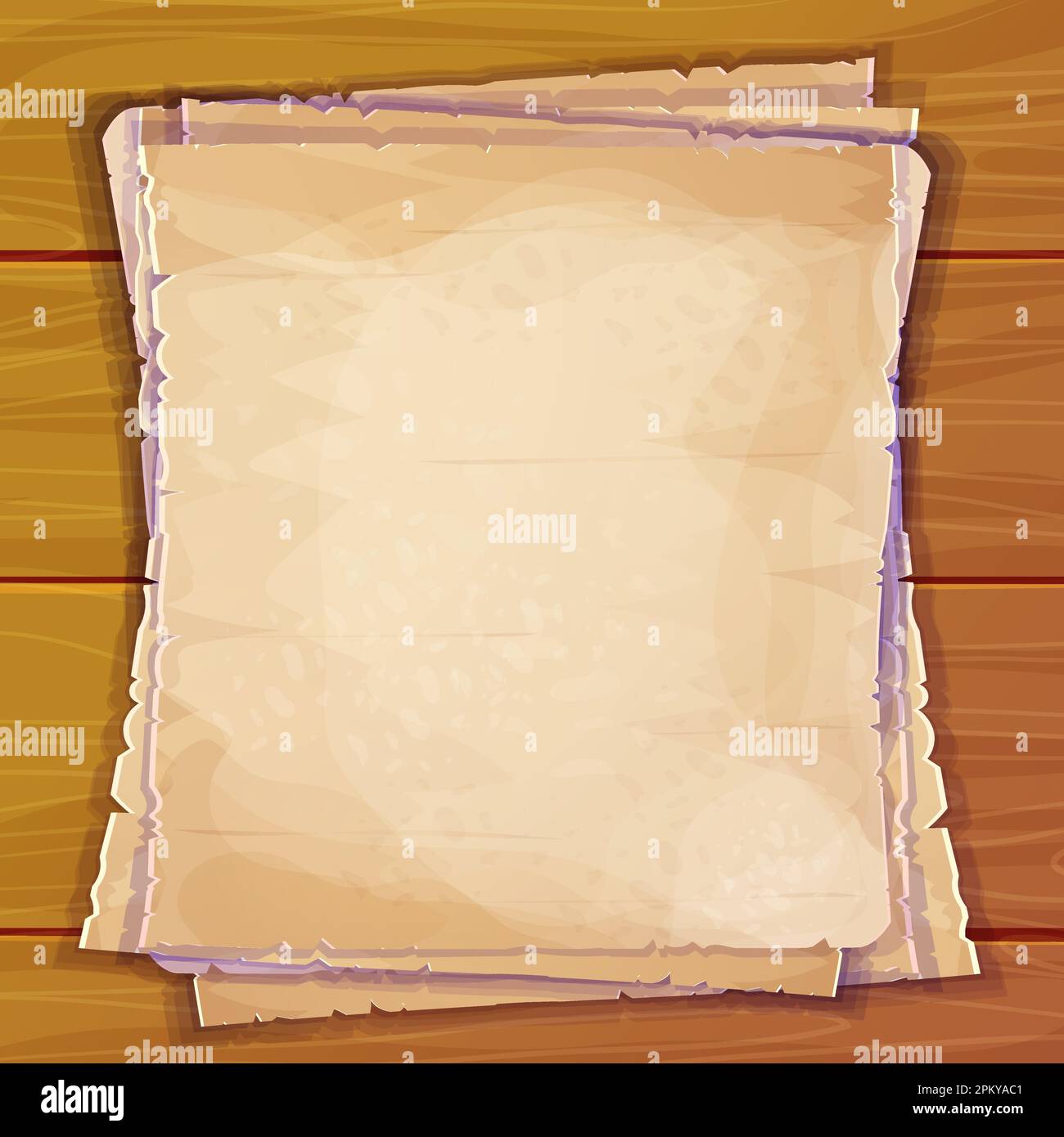 wooden desk, table with parchment paper notes top view in cartoon style