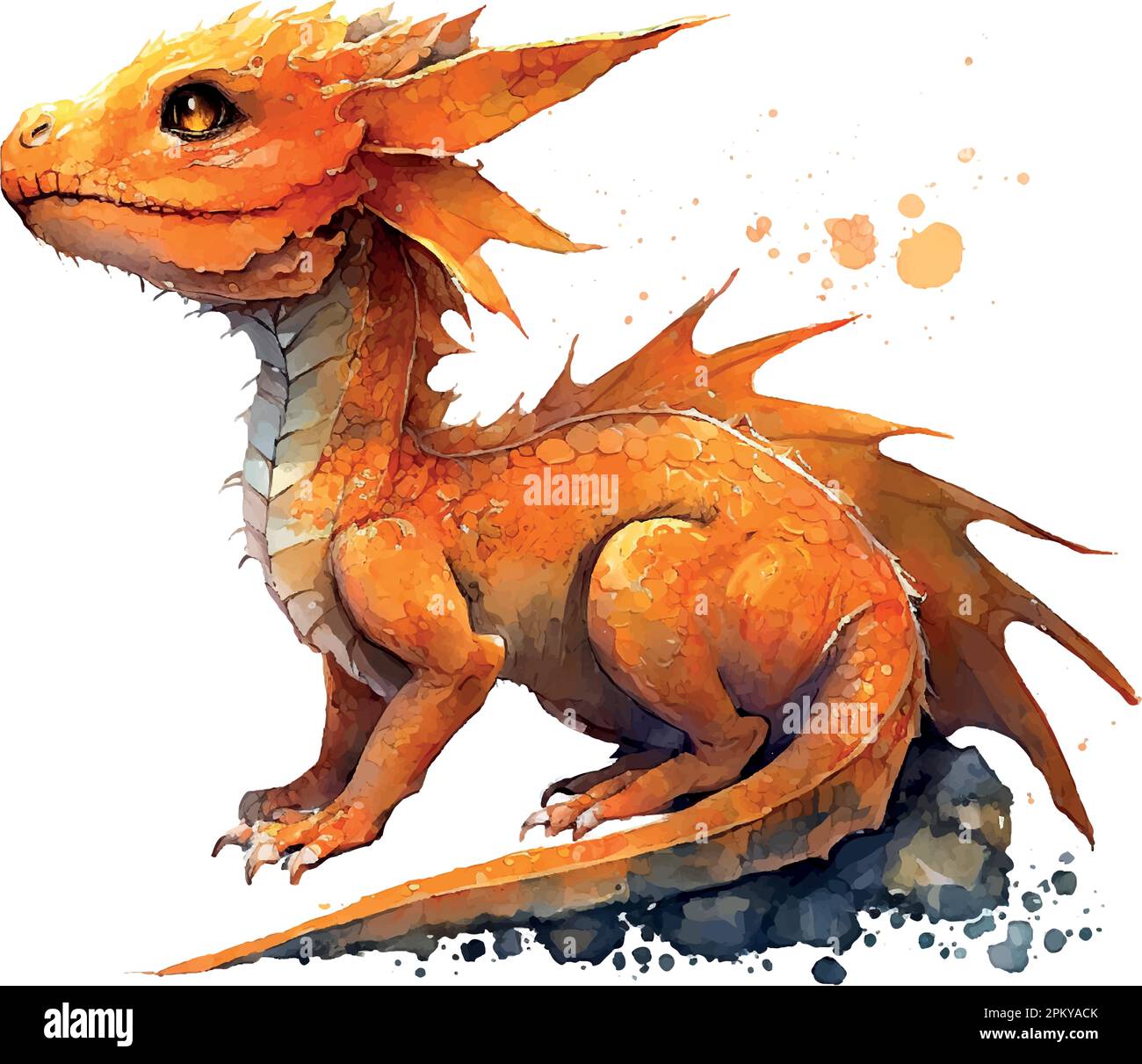 Watercolor red orange and black little cute baby dragon vector