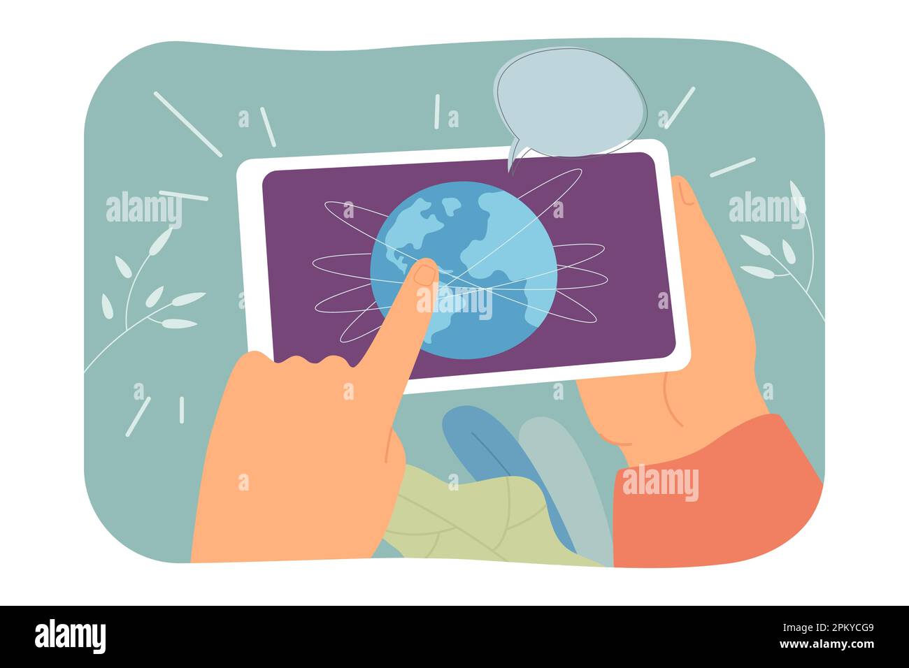 Hands holding cellphone with globe on screen and speech bubble Stock Vector