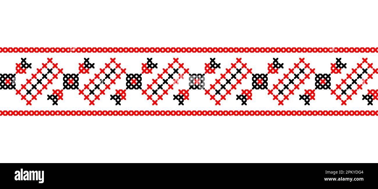 Ukrainian embroidery border pattern in red and black colors. Pixel art