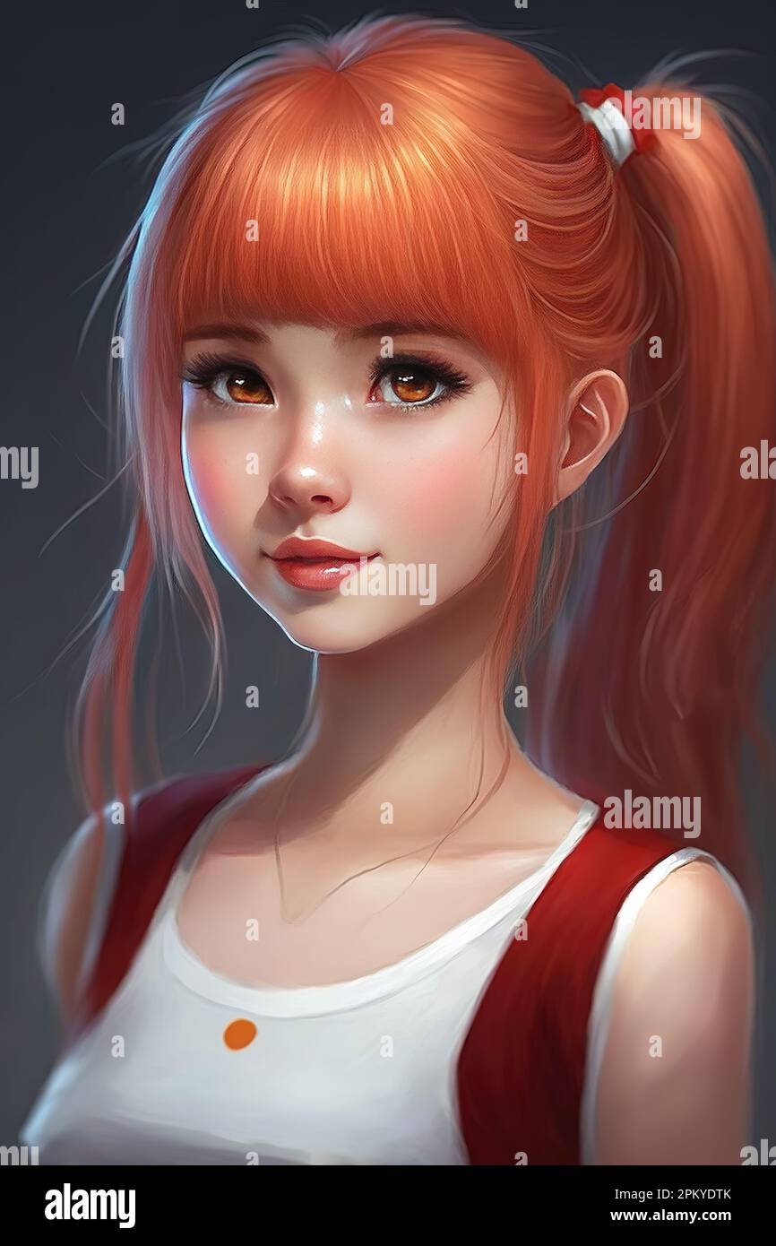 a realistic anime girl with long red hair, simple dress, portrait art