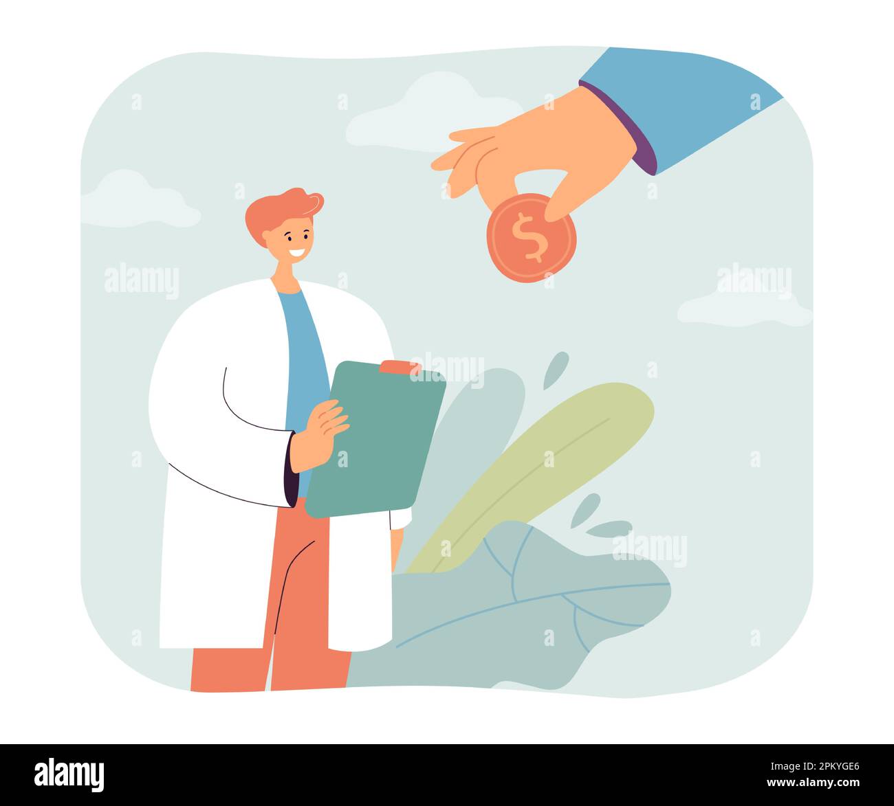 Huge hand giving gold coin to doctor flat vector illustration Stock