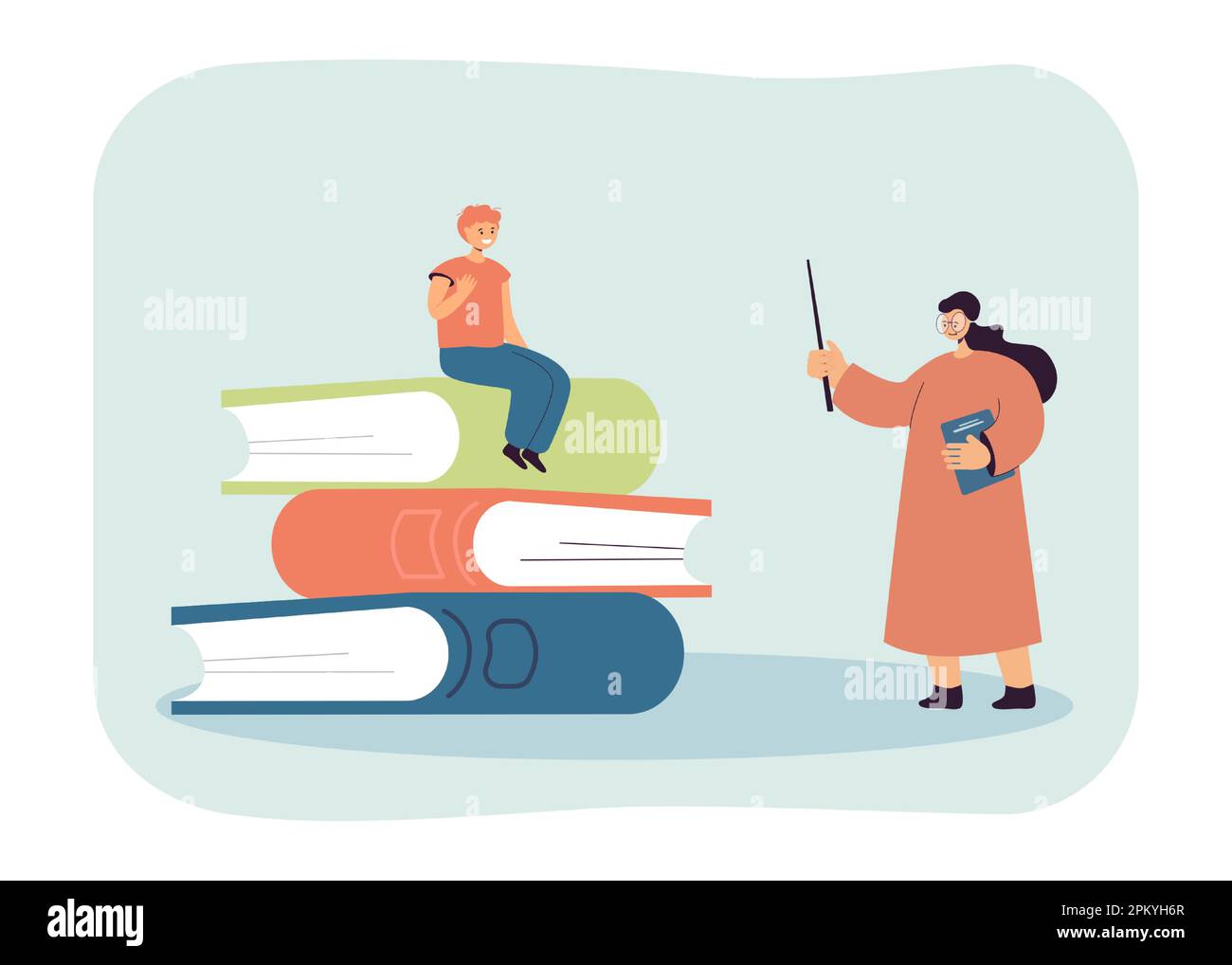 Teacher and pupil sitting on huge pile of books Stock Vector Image ...