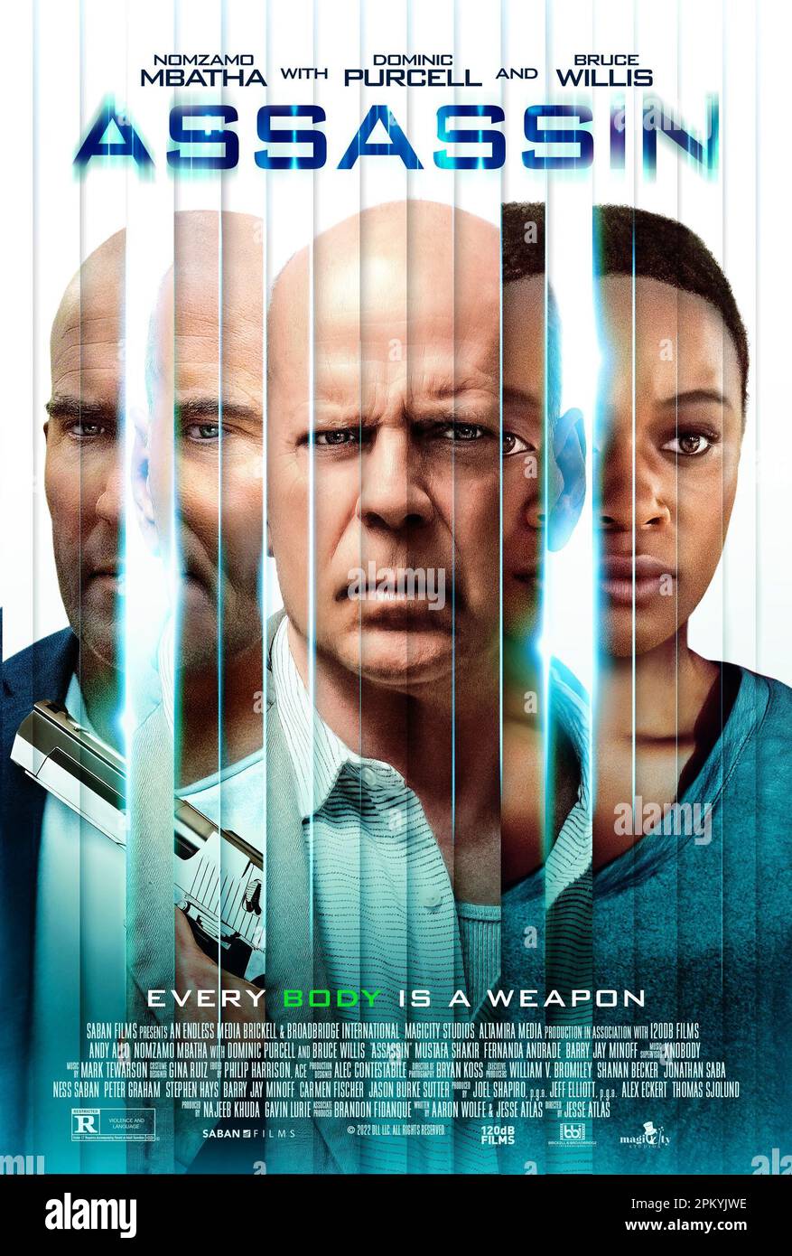 Assassin poster  Dominic Purcell, Bruce Willis & Nomzamo Mbatha Stock Photo