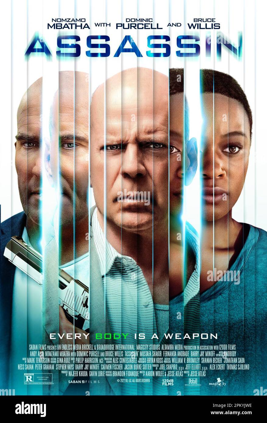 Assassin poster Dominic Purcell, Bruce Willis & Nomzamo Mbatha Stock