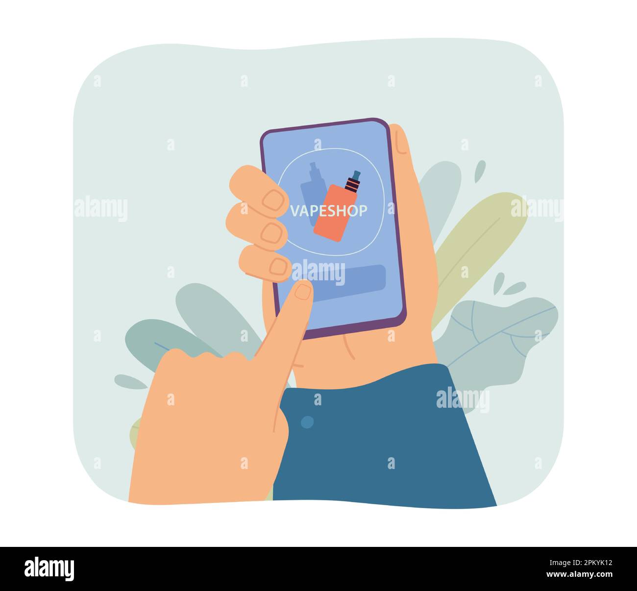 Hand of person holding phone and buying vape via internet store Stock Vector