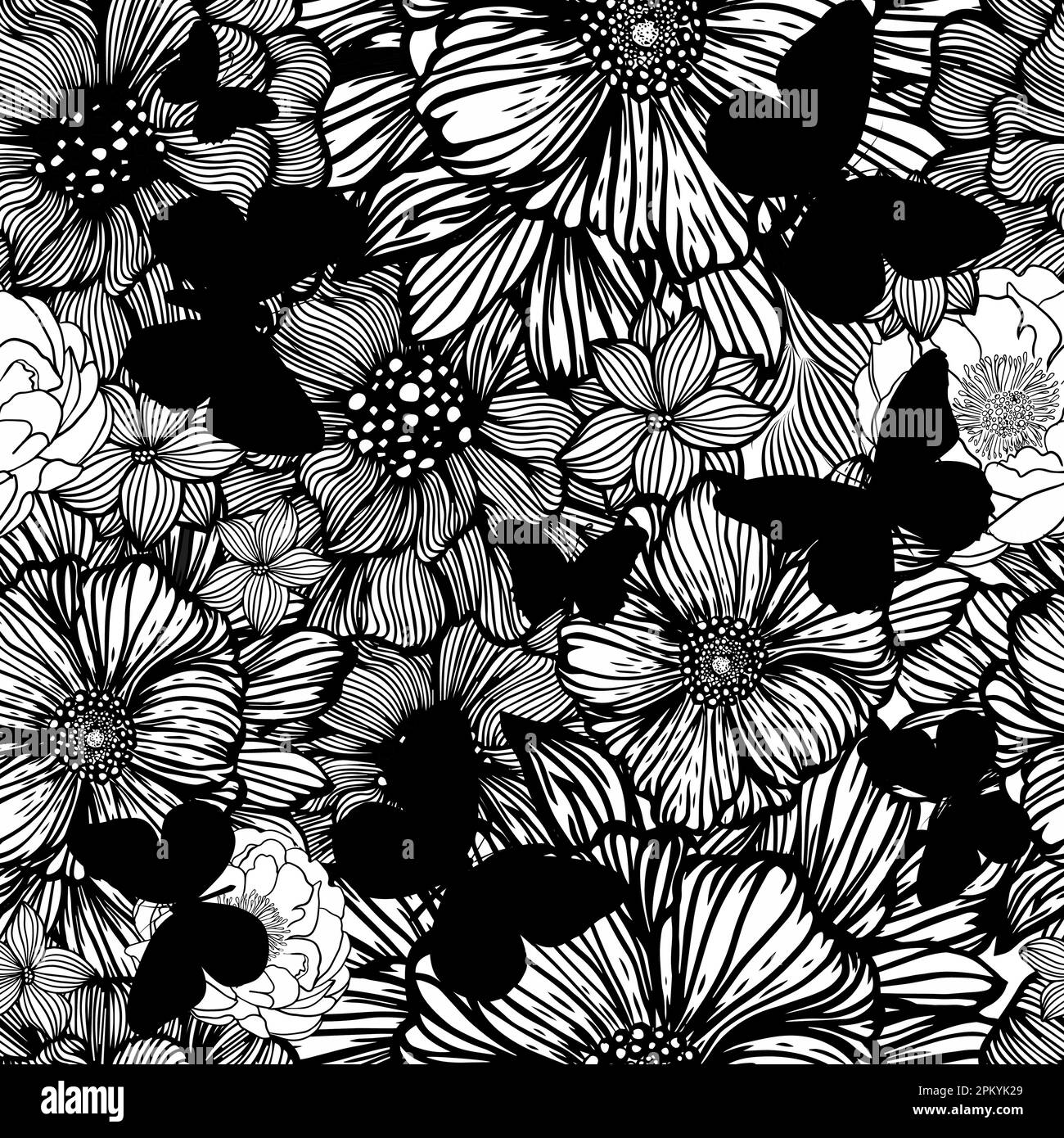 Monochrome seamless background with flowers and black butterflies ...