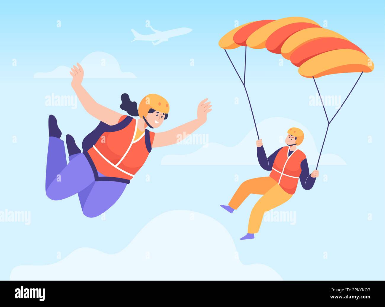 Male and female skydivers in air with parachute Stock Vector
