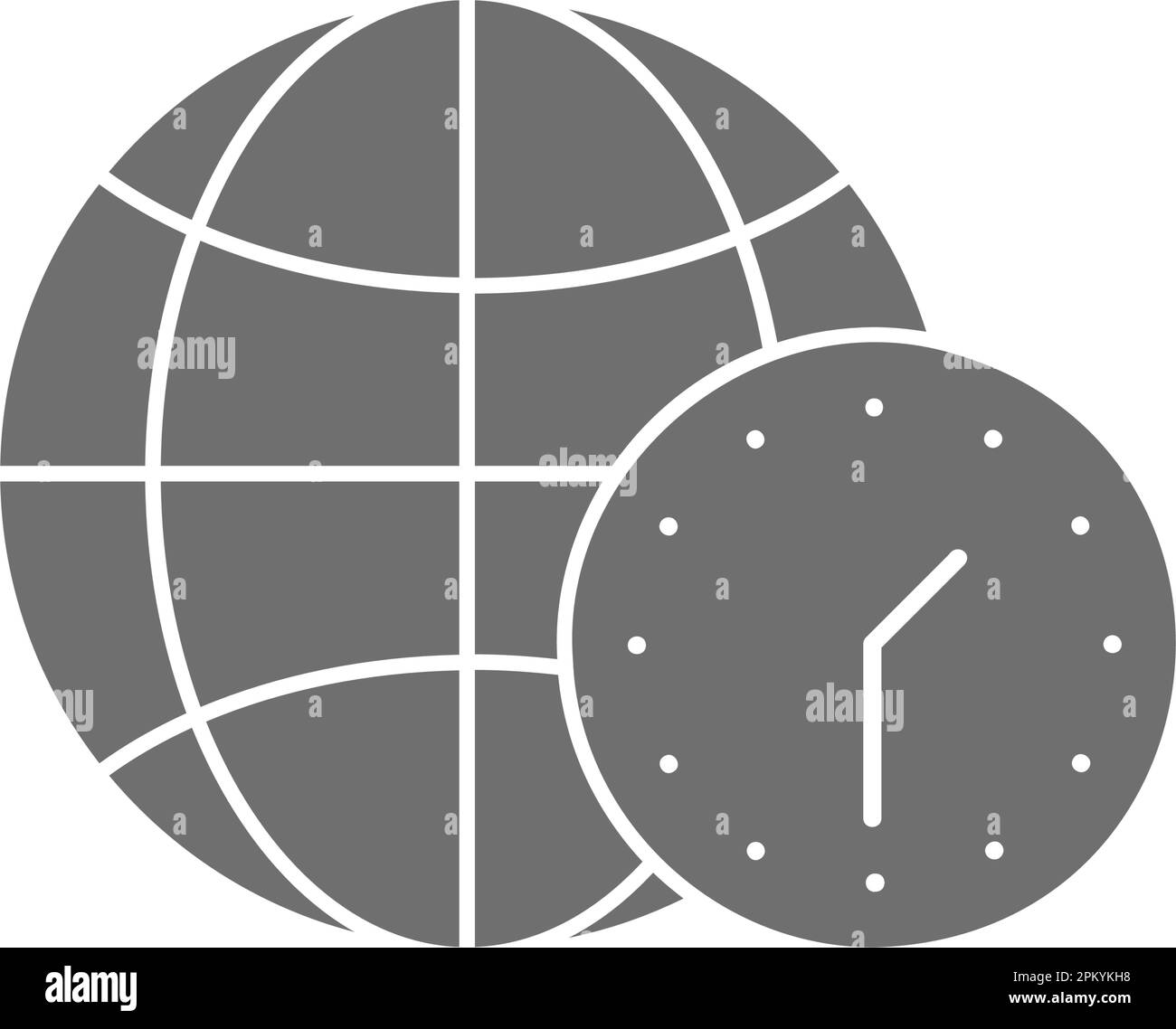 Globe earth with clock, world time grey fill icon. Global technology