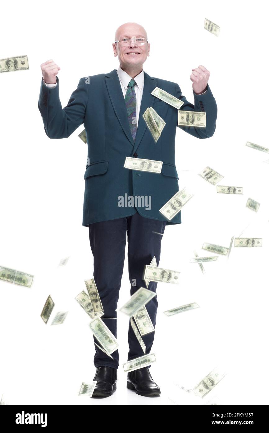 happy business man standing in the rain of dollar bills Stock Photo - Alamy