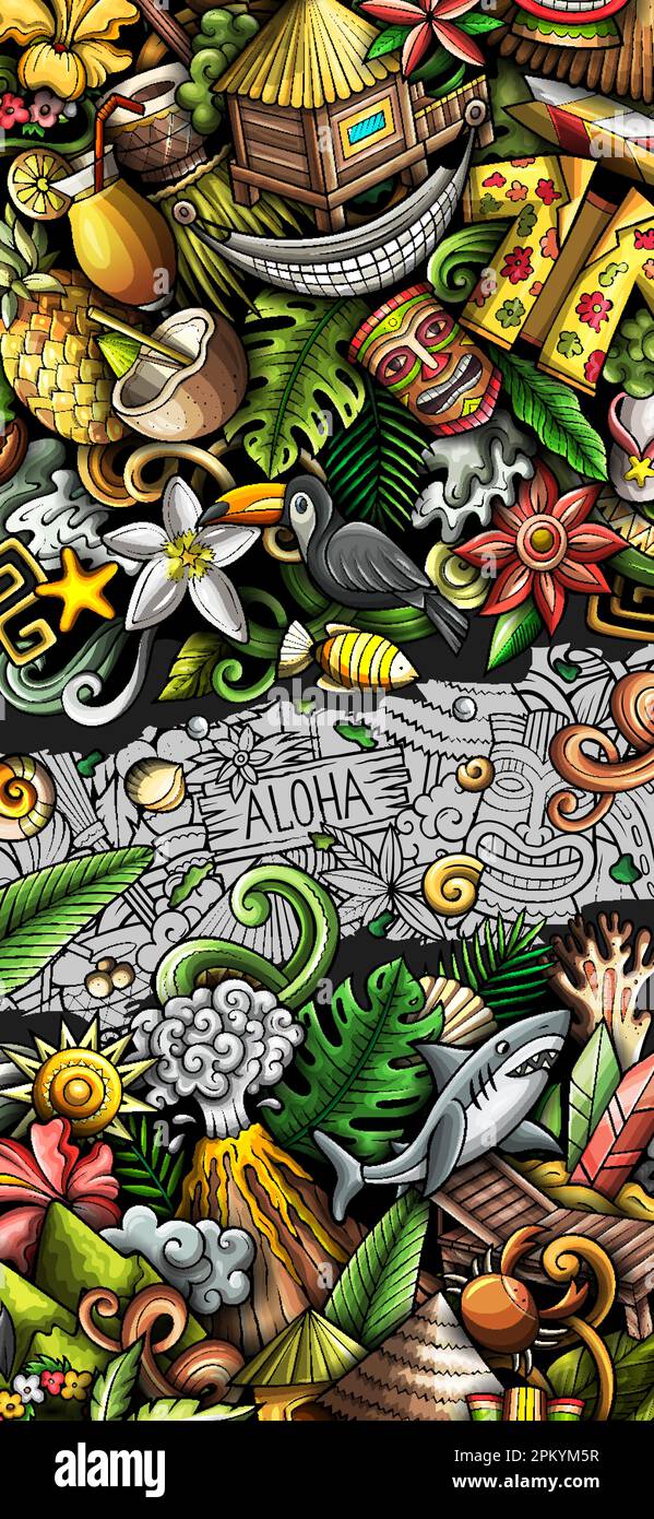 Hawaii hand drawn doodle banner. Cartoon vector detailed flyer