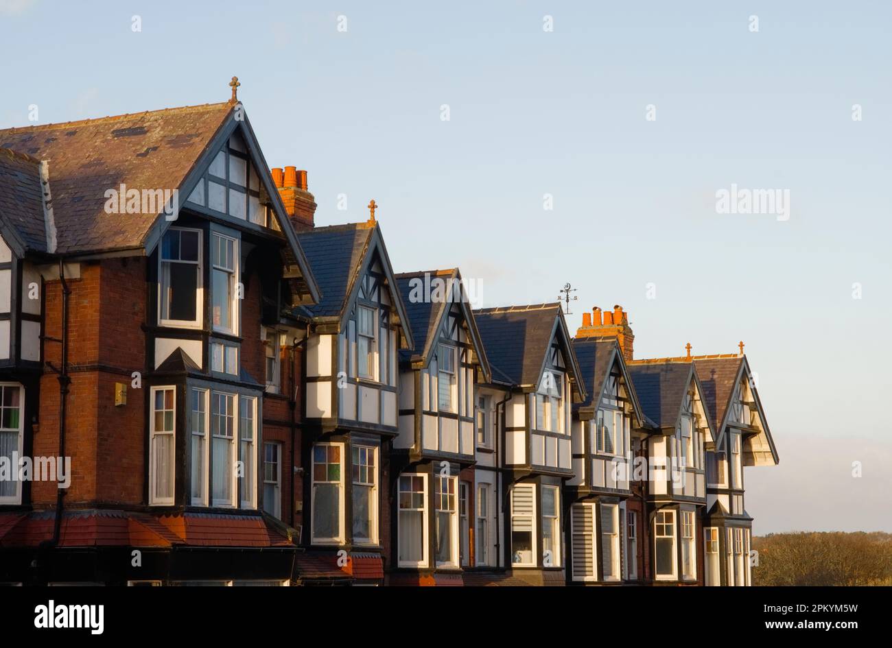 A row of large Edwardian style house rooftops in early morning sun at ...
