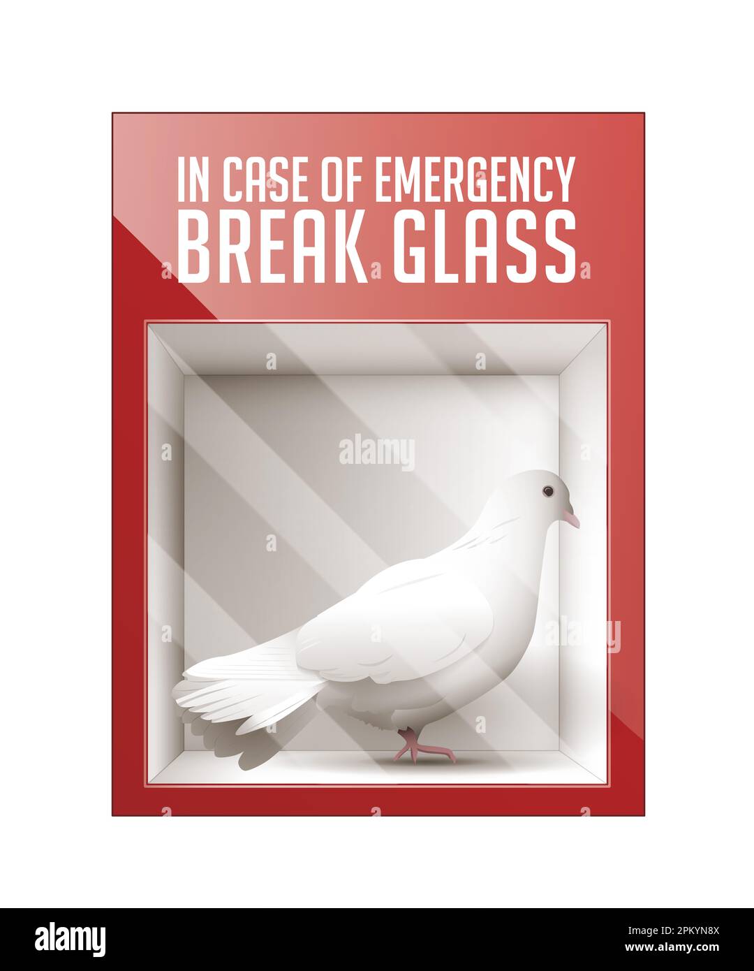 End this war now - peace symbol - white pigeon locked in a box with the inscription in case of emergency break the glass - concept graphic Stock Photo