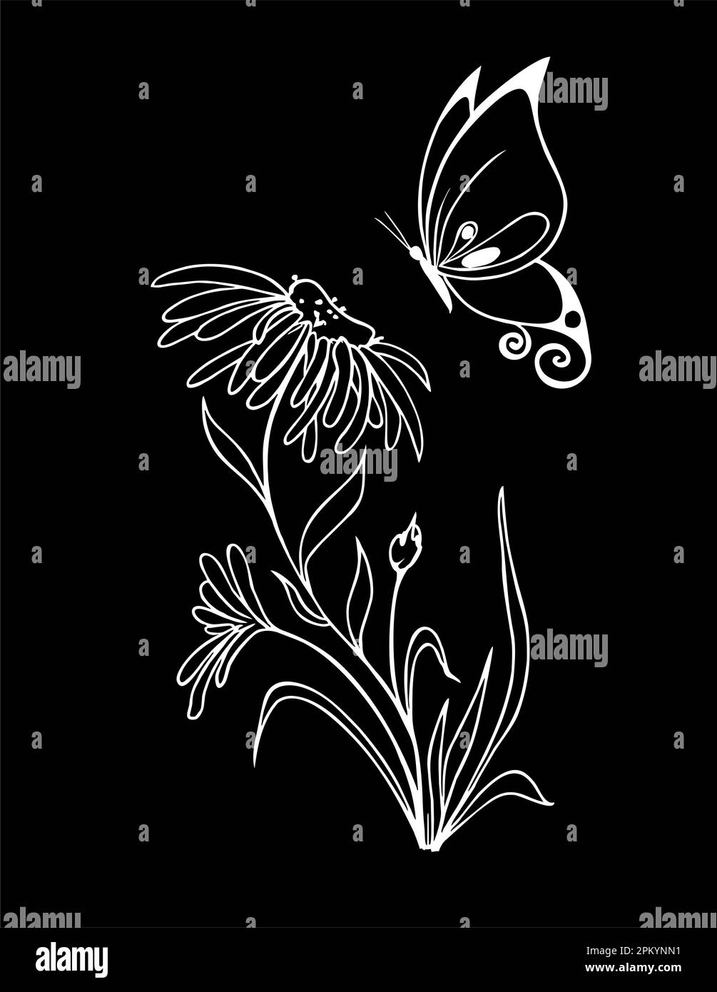 white contour drawing of a flower on a black background, logotype, monochrome design Stock Photo