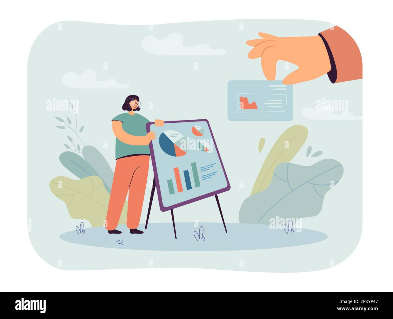 Girl showing presentation with diagrams flat vector illustration Stock ...