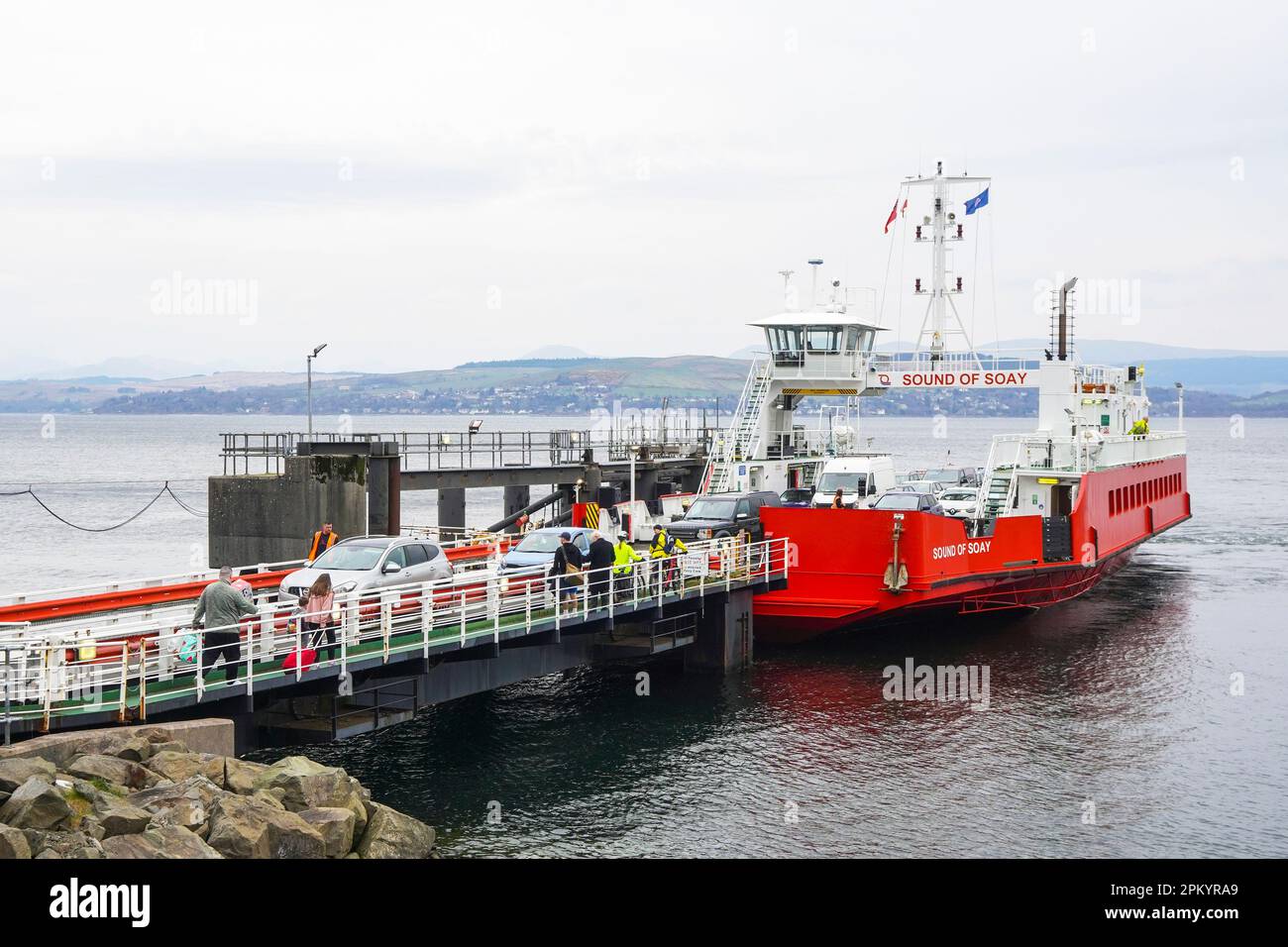 Western ferries, car and passenger ferry,  Sound of  Soay, sailing across the Firth of Clyde between Dunoon and Gourock, at the terminal pier at Gouro Stock Photo