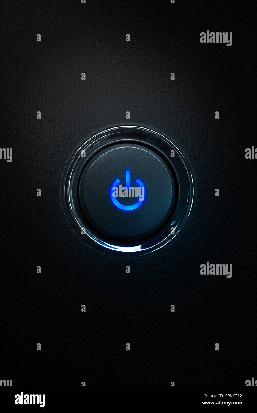 Modern black round shaped button with bright neon blue sign of ...