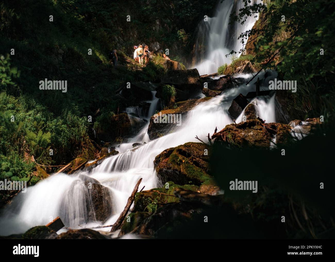 Amazing scenery of waterfall cascade falling from rocky cliff in green ...