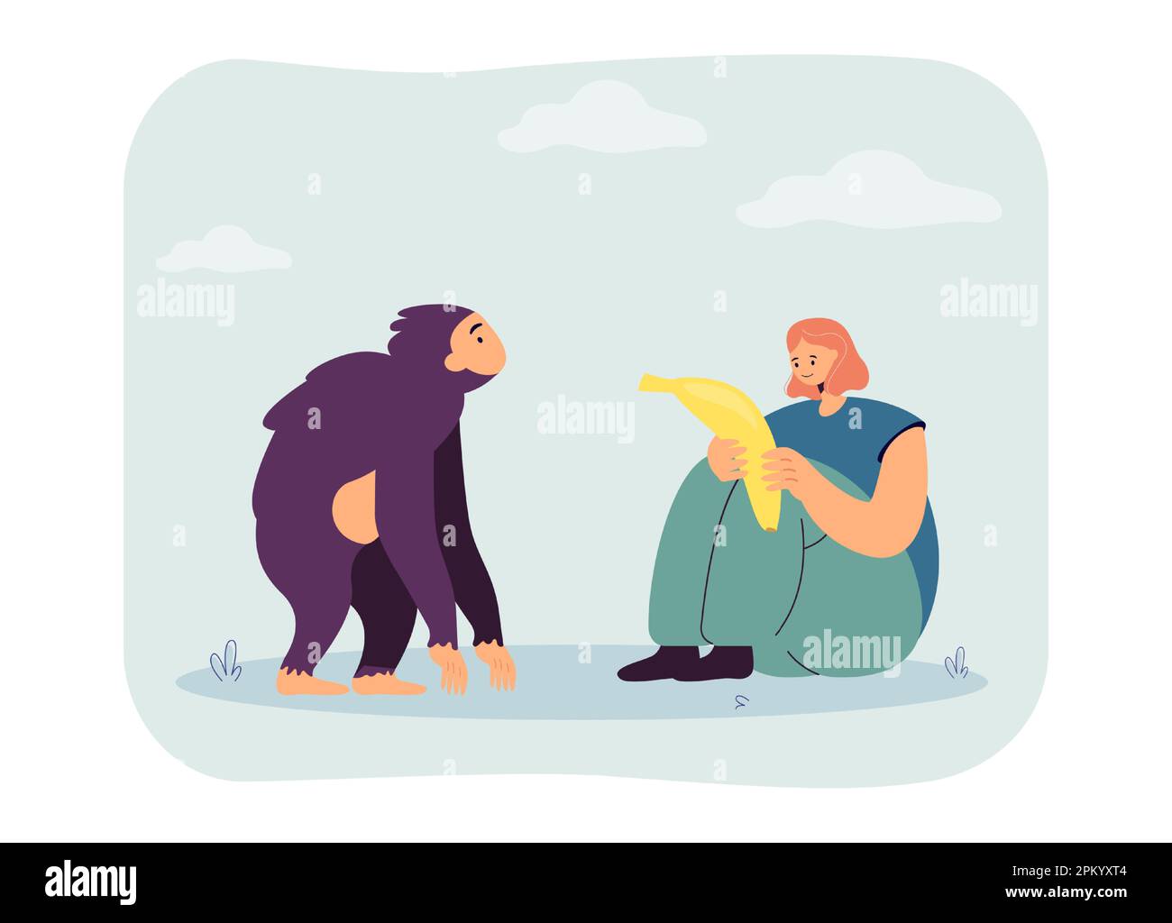 Girl giving banana to monkey flat vector illustration Stock Vector