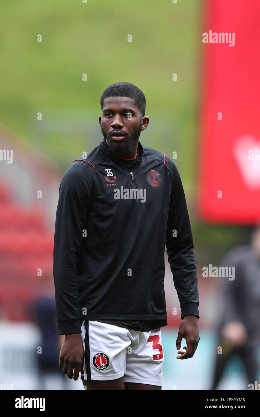 London, UK. 10th April 2023. Daniel Kanu of Charlton Athletic warms up during the Sky Bet League 1 match between Charlton Athletic and Burton Albion at The Valley, London on Monday 10th April 2023. (Photo: Tom West | MI News) Credit: MI News & Sport /Alamy Live News Stock Photo