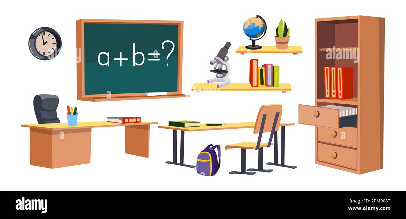 Different furniture for classroom vector illustrations set Stock Vector