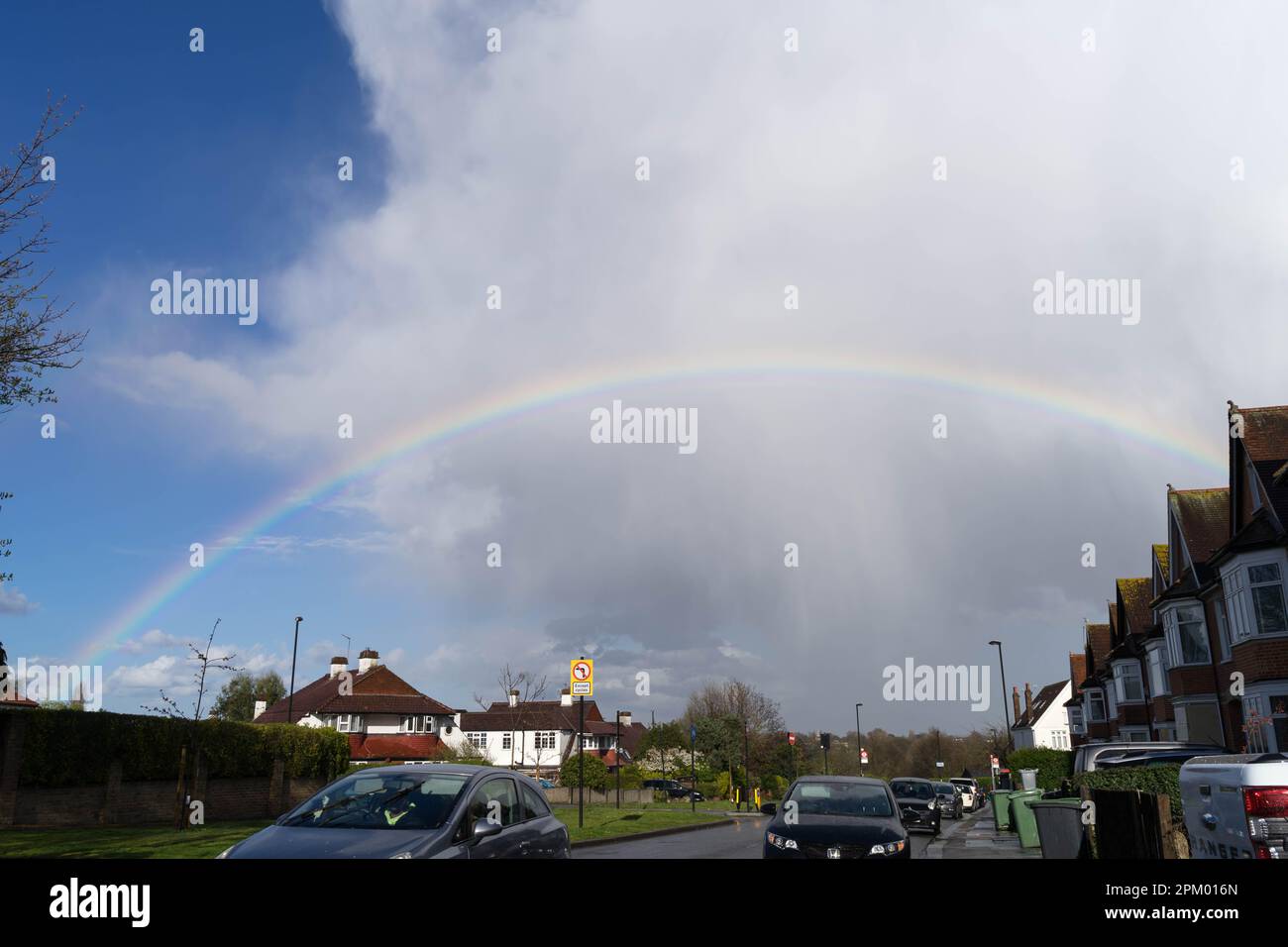 London UK, 10th April 2023. UK Weather. Easter Monday , rainbow, shower