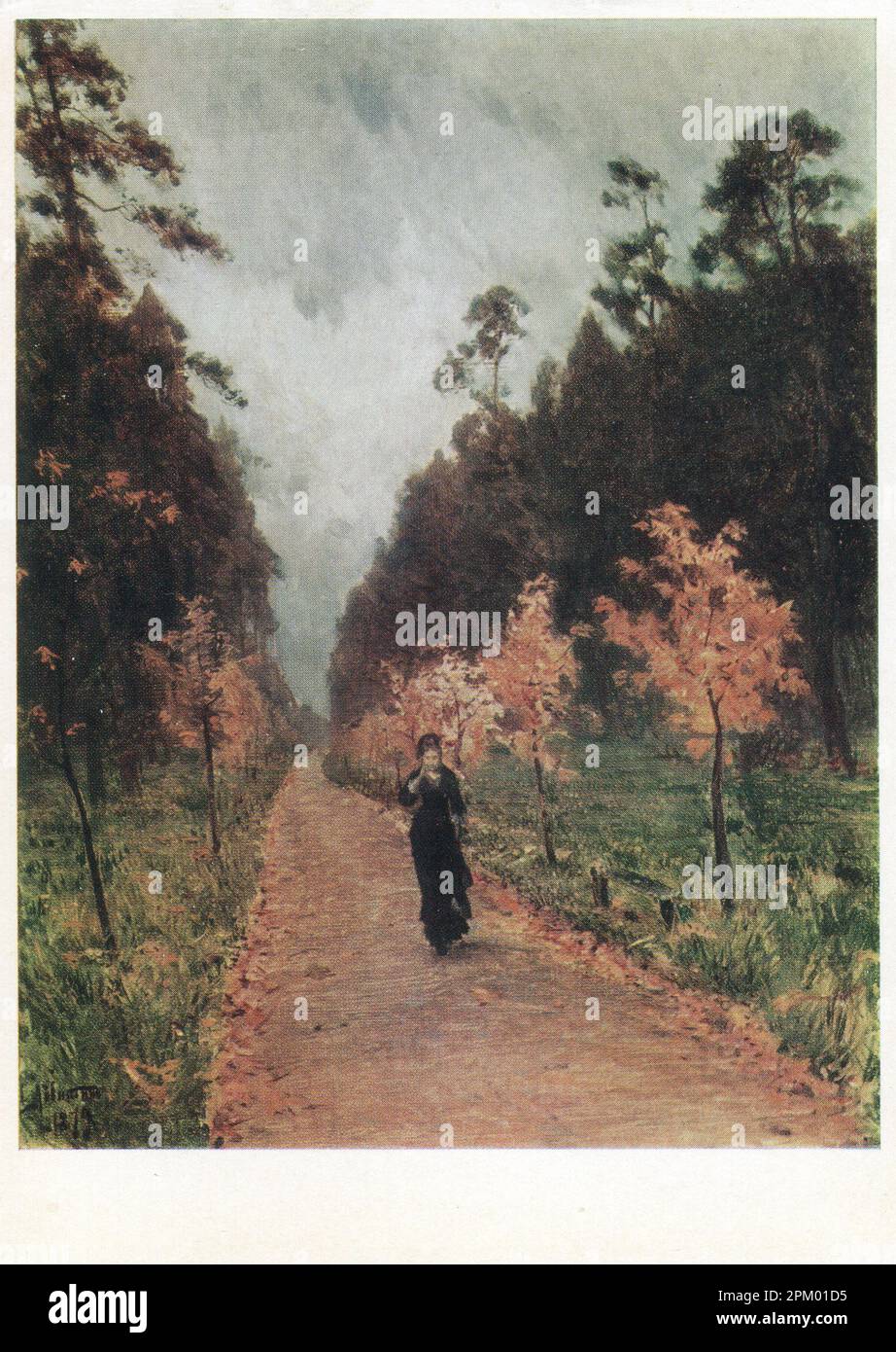Old Vintage postcard of the USSR, 1971. 'Autumn day. Sokolniki Park.' by Isaac Ilyich Levitan (Russian: Исаак Ильич Левитан; 30 August [O.S. 18 August] 1860 – 4 August [O.S. 22 July] 1900) was a classical Russian landscape painter who advanced the genre of the 'mood landscape'. Stock Photo