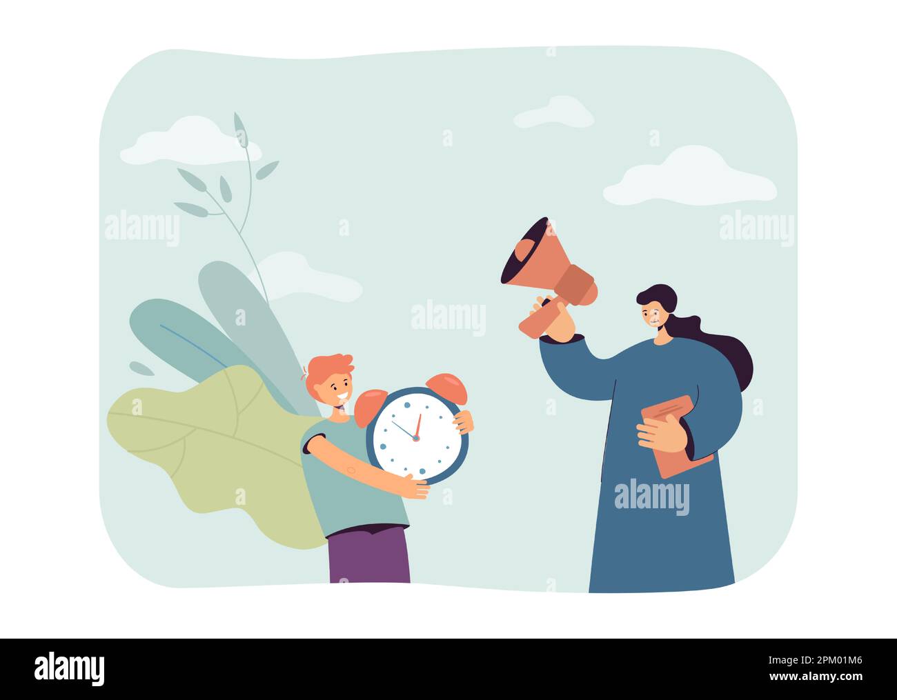 Teacher with megaphone and school boy holding big alarm clock Stock ...