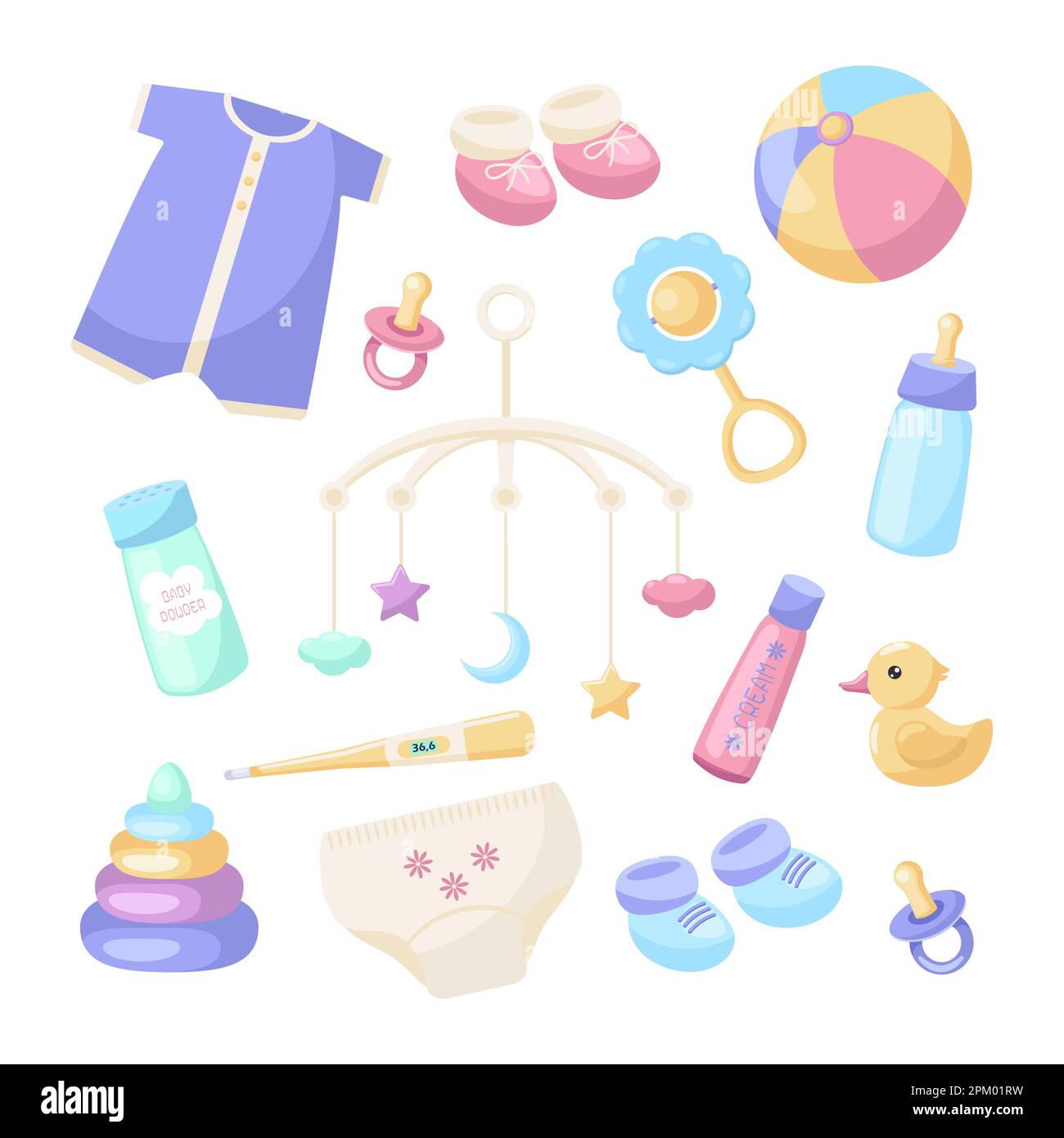 Cute accessories for newborn babies vector illustrations set Stock