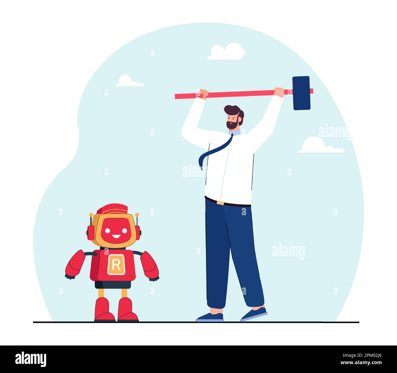 Angry office worker breaking cute robot with big hammer Stock Vector