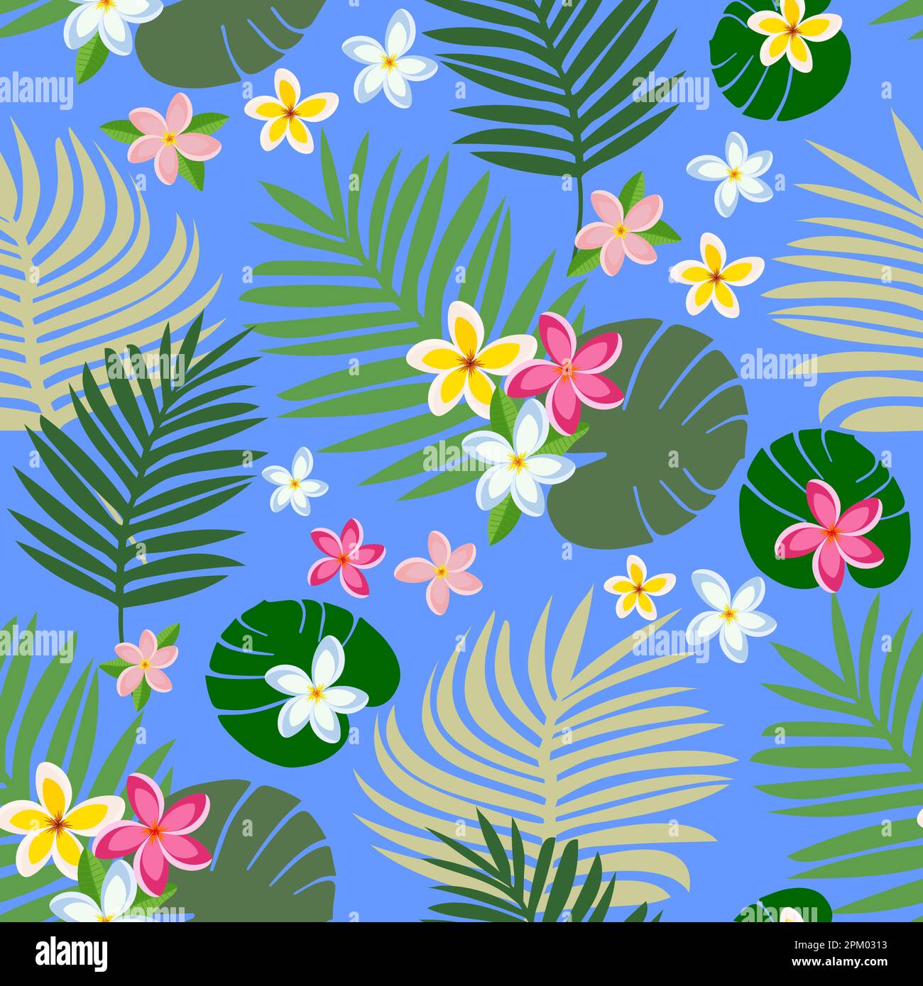 Vector summer seamless pattern with tropical leaves, frangipani flowers