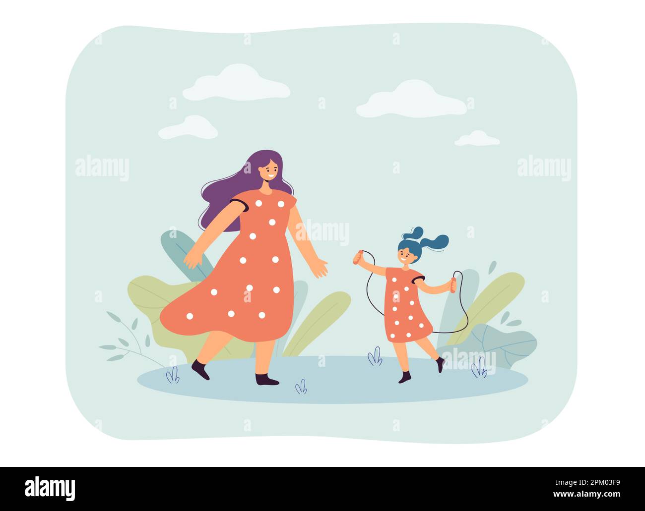 Little girl jumping rope with mother flat vector illustration Stock ...