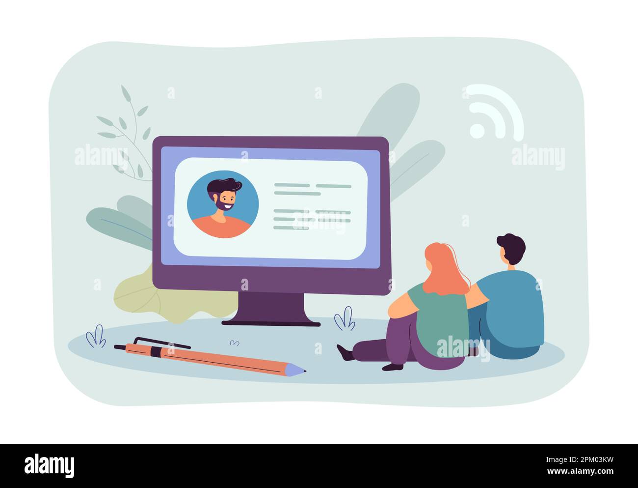 Cartoon students watching lecture on huge computer screen Stock Vector