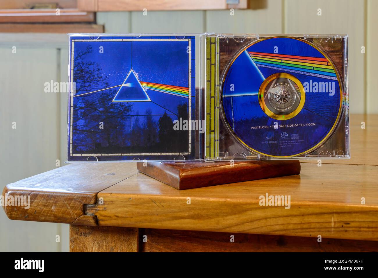 NEW ORLEANS, LA, USA - MARCH 27, 2023: Open compact disc of the famous Pink Floyd album, 'The Far Side of the Moon,' displayed on a tabletop Stock Photo