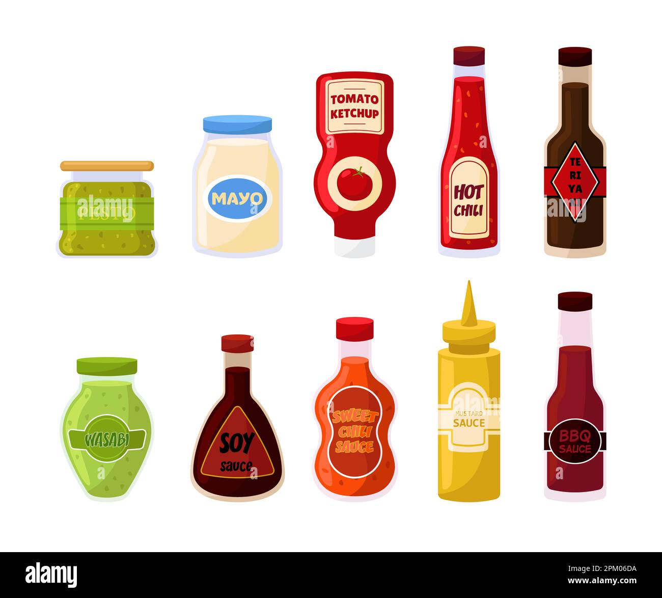 Bottles and jars of different sauces vector illustrations set Stock