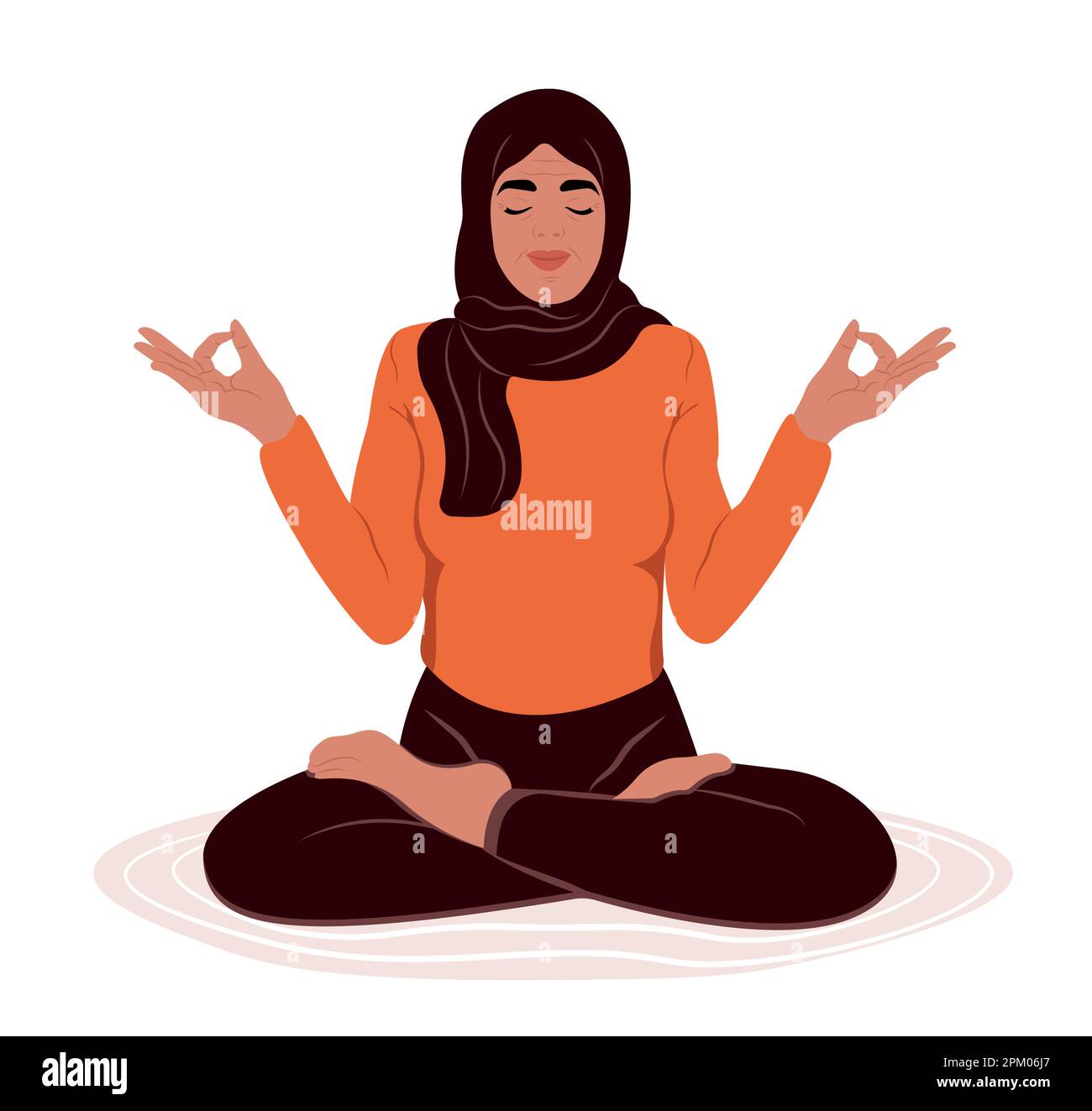 Elderly muslim woman with closed eyes meditating in yoga lotus posture