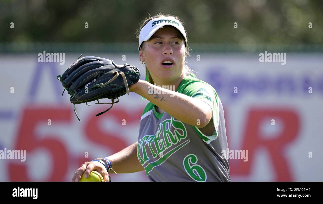 Stetson's Sofia Boza (6) throws during an NCAA college softball game ...
