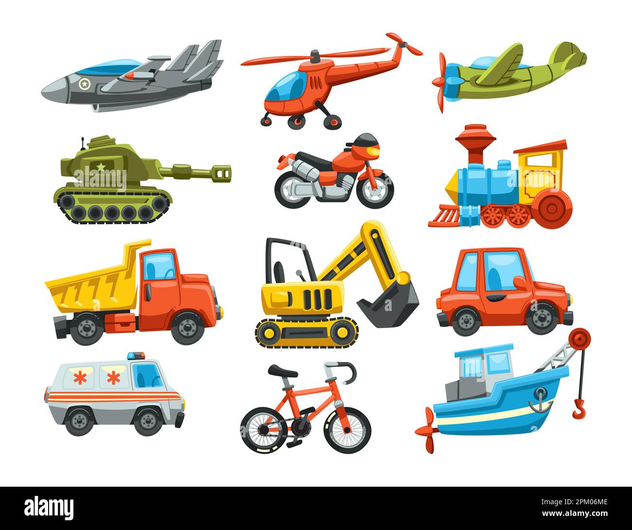 Different transport toys for kids flat vector illustrations set Stock