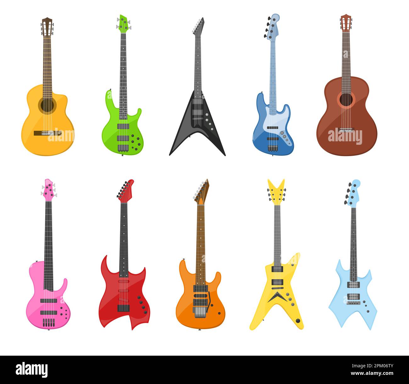 Acoustic and electric guitars cartoon vector illustration set Stock