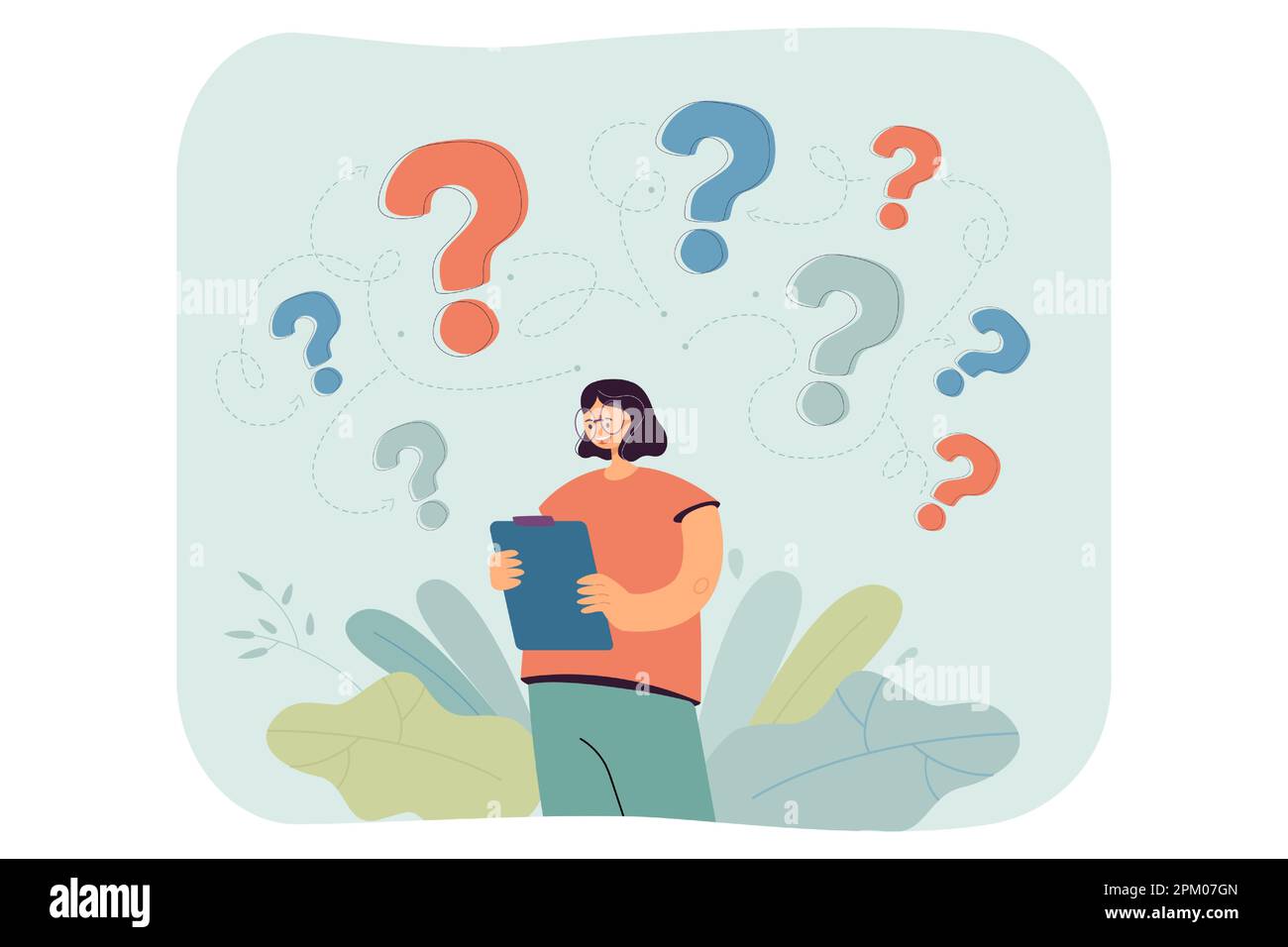 Girl with question marks above her head flat vector illustration Stock